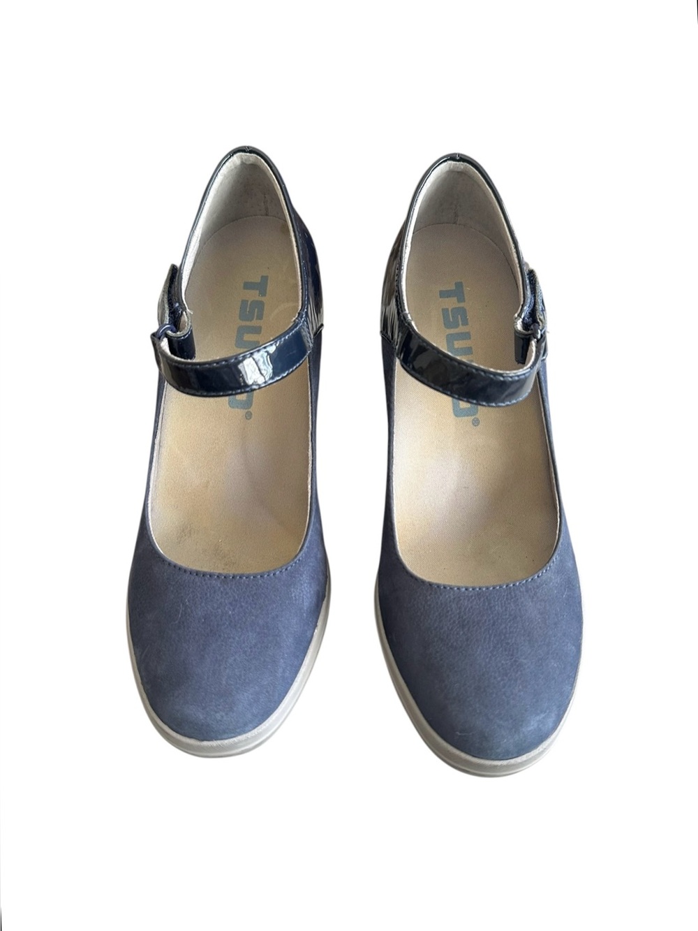 Tsubo Navy Suede Mary Jane Flats with Patent Strap